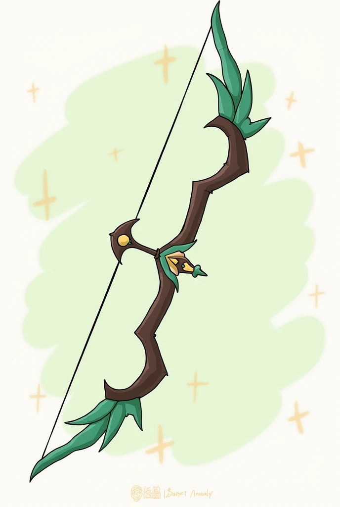  Make a bow for a Genshin Impact , Make it a good weapon to carry on adventures . It should have brown colors , orange, light green and turquoise . También decoraciones como molinillos de viento oranges con un punto amarillo en el centro,  character in add...