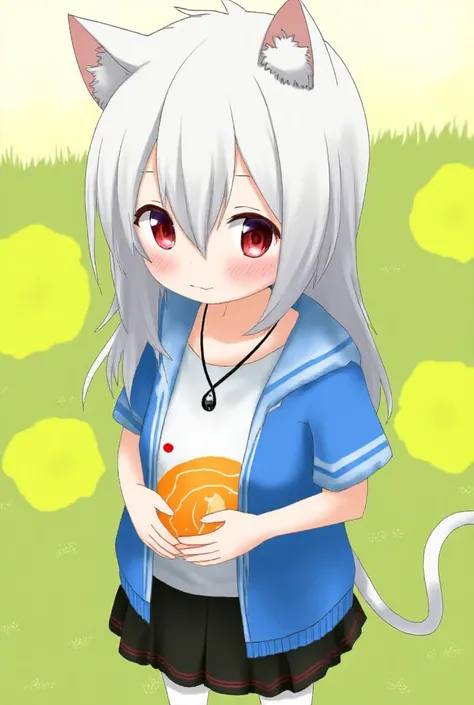   A girl with cat ears ， a black cat tail ， a white cat tail ， a gray cat tail ， two white cat ears ， with a touch of gray on the tip of the right ear ，Red pupil of the left eye，Right eye purple pupil ， top, white short-sleeved t-shirt ， with half an orang...