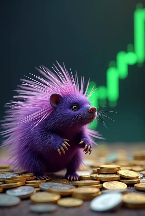 generate purple porcupine standing in a pile of money looking at the candlestick (trading) which is green (rising)