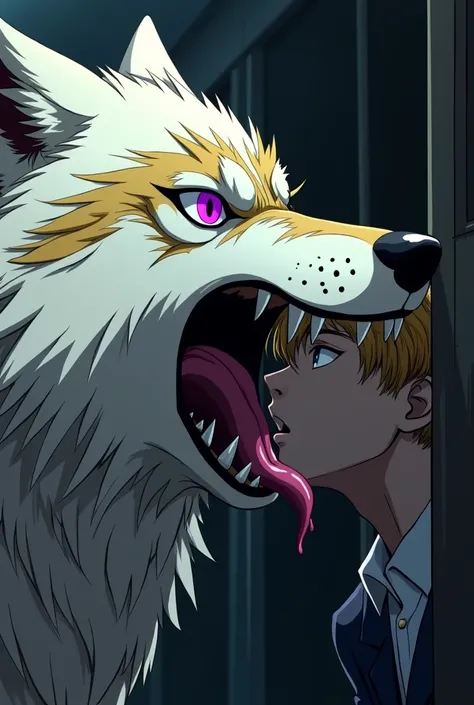 In the Seinen Anime Style please Generate a Photo of Draco Malfoy trapped and terrified in a train compartment whilst a huge Wolf Growls close to his face, saliva dripping from the wolfs teeth. The wolfs eyes are Purple. Its fur is white streaked with gold...