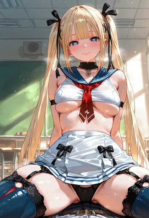 Marie rose, small breasts, one girl、 blonde hair、 Long Hair、twin tails、blunt bangs、 blue eyes, top quality, masterpiece, 748cm style, classroom, undersized sailor outfit, skirt, garter belt, stockings, Wide Hips, underboob, heart eyes, protruding thighs, m...