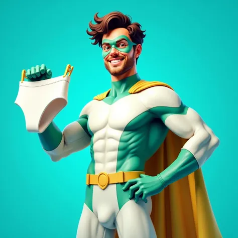 a man wearing a superhero mask - happy - in a white and green ,  suit, standing half-sideways and holding womens white panties in his hand - on a blue background