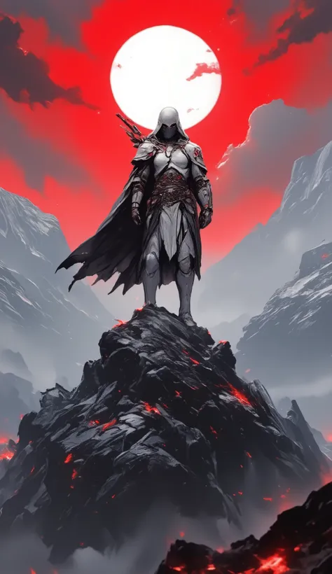 An image of a legendary warrior in 3 colors, white, black and red, standing on a mountain top. In the center of the image is the sun in white, the mountain in black, the sky in red.