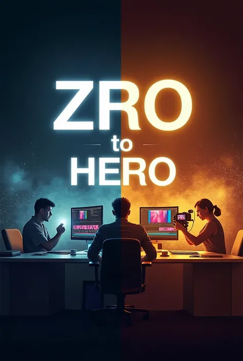 Background:

A split background with one side dark and basic (to represent "Zero") and the other side vibrant, colorful, and dynamic (to represent "Hero").

Add elements like a timeline or editing tools to show video editing context.



2. Main Visuals:

O...