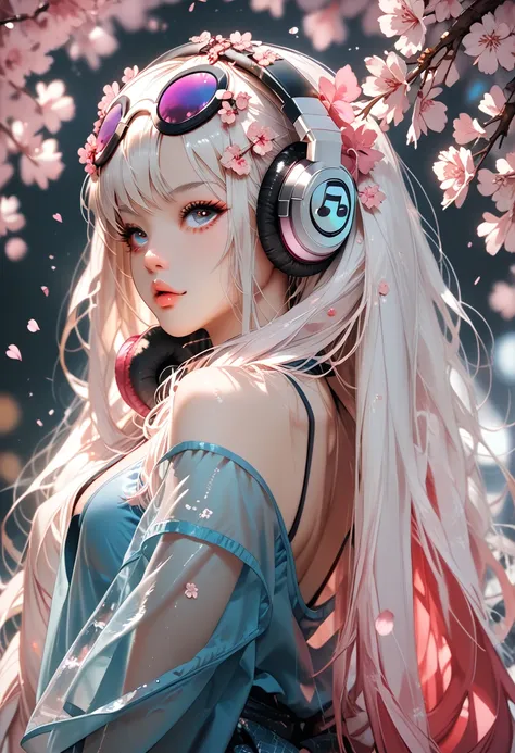 the girl ((DJ)) behind the DJ console is wearing ((transparent blue top)) ((black thong)) ((breasts visible)) ((small breasts)) ((cherry blossoms)) ((long hair)) ((headphones on head))