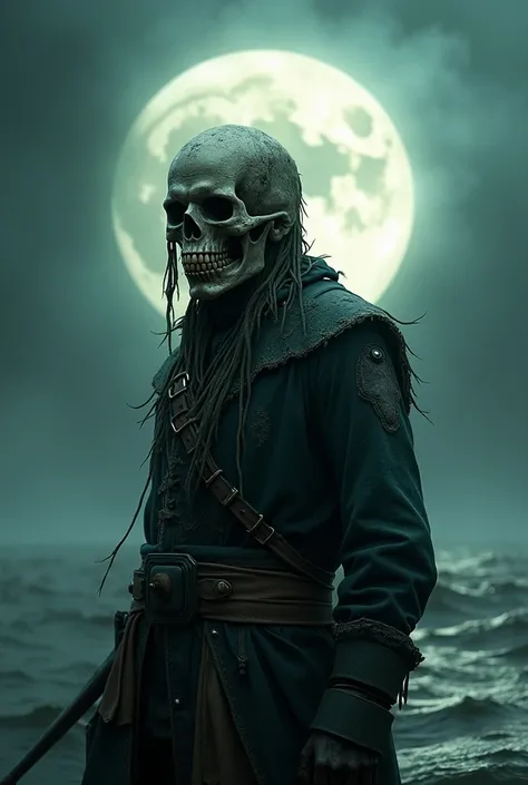 A pirate whose face is melted by the rays of the moon revealing a skull  