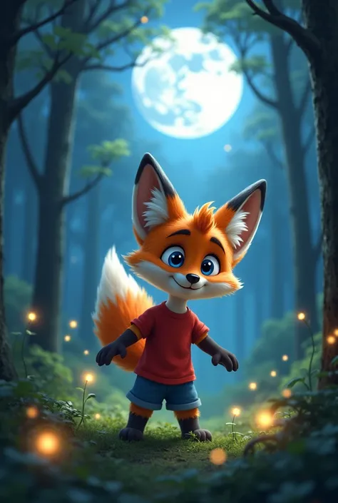 Prompt: A Pixar cartoon-style cute fox cub with a large and fluffy mane, big blue eyes, wearing a red t-shirt and blue shorts, playing joyfully in a serene moonlit forest. The trees are tall and majestic, their leaves shimmering under the silver glow of th...