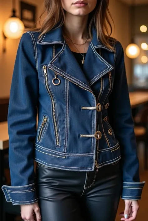 "A unique and trendy denim jacket featuring a deep indigo color with a structured, tailored fit. The design includes standout details such as buckles, metallic hooks, and asymmetrical stitching to give it a modern, edgy appearance. The stitching is promine...