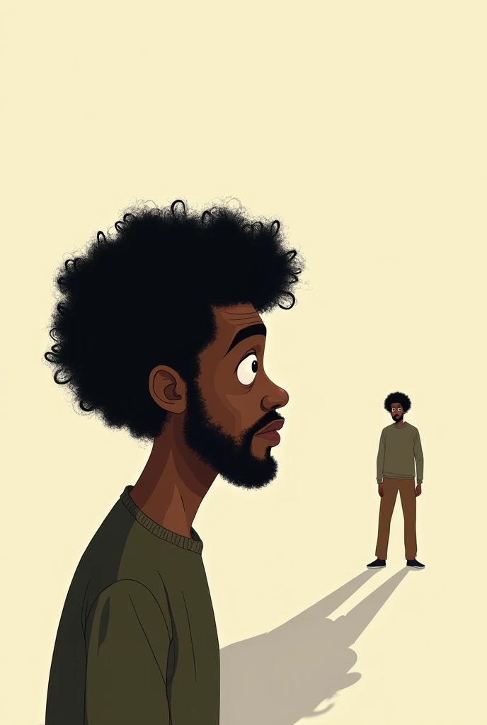 Frizzy haired black man watching shadow going away from afar in cartoon 