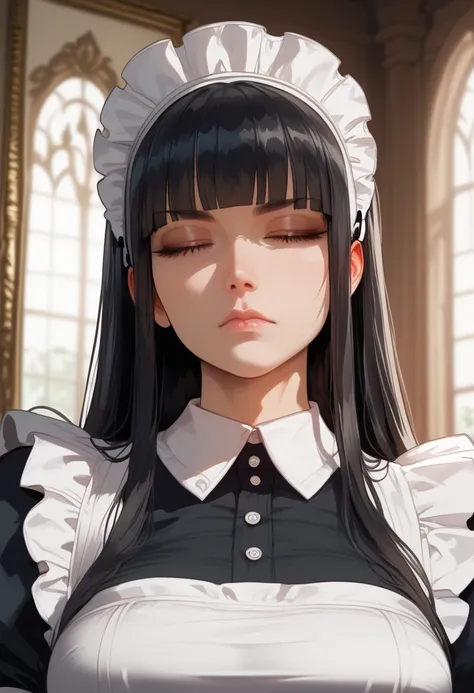 1girl, mature, long hair, long hair, black hair, hime cut, blunt bangs, brown eyes, sharp pretty eyes, small female, (up close), ((breasts)),  face focus, portrait, dynamic pose, ((perfect breasts)), closed mouth, curious, maid headdress, maid apron, maid,...