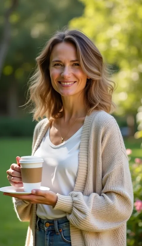 A 35-year-old woman in a light cardigan, holding a cup of coffee in a sunlit garden.