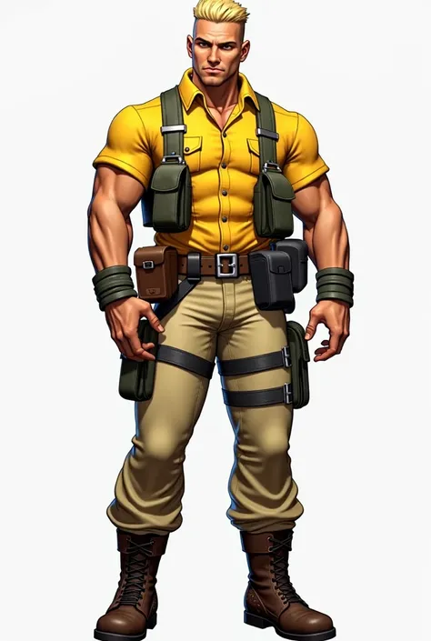 A 24-year-old character for the Street Fighter game, Rick Flag, an athletic and disciplined military man with a face marked by strong features and a determined look. His appearance mixes military rigor with a casual touch, evidenced by the yellow button-do...