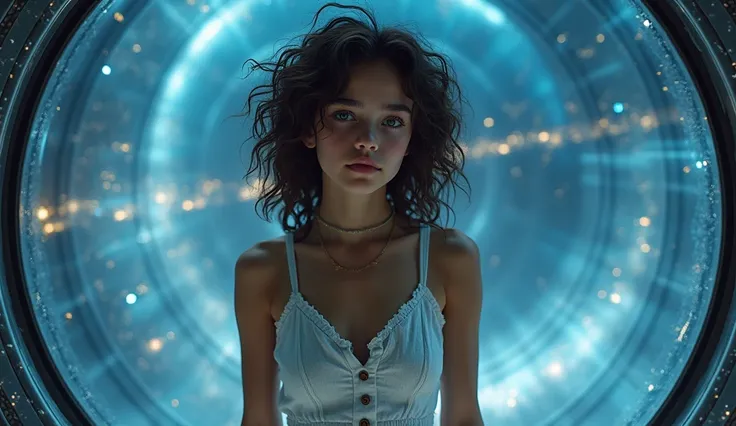 Real photo, a frontal portrait of a 16-year-old beautiful french actress, blue eyes,  curly hair,  wearing stylish summer street wear,  stood in a fully transparent glass spaceship, with a gorgeous universe in the background, the Milky Way and floating sta...