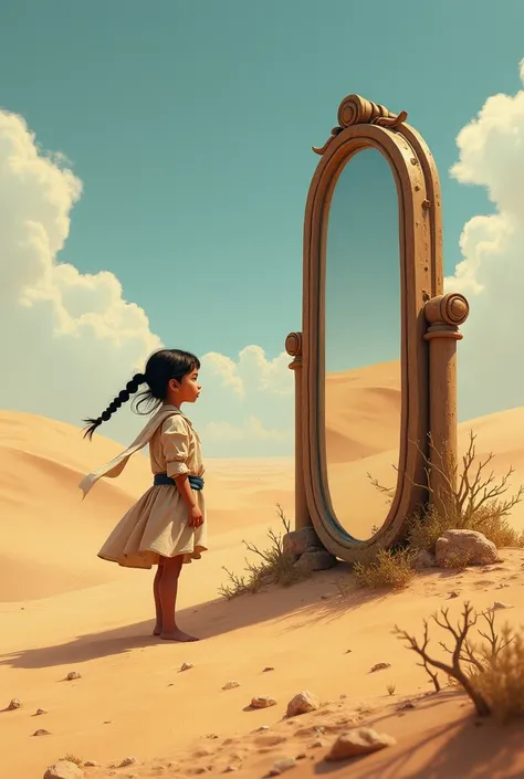 A girl is seeing a magic mirror in a desert 