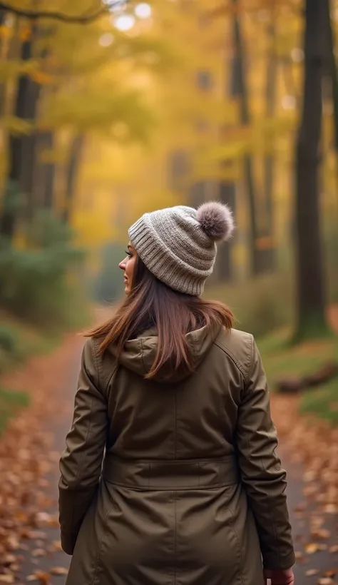 A 36-year-old woman wearing a knitted hat and coat, walking through a forest trail in autumn.