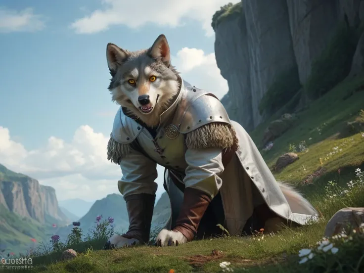 Furry wolf mans silver coat heterochromia cut that crosses his eye and claw or claw on his face, eye of a different color medieval archer full body sky blue and yellow eye