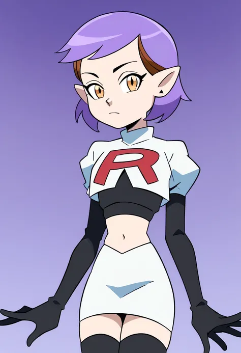 score_9, score_8_up, score_7_up, 1girl, amity blight, yellow eyes, pointy ears, purple hair, short hair, 

, looking at viewer, team rocket,team rocket uniform,white skirt,red letter R,crop top,black thigh-highs,black elbow gloves