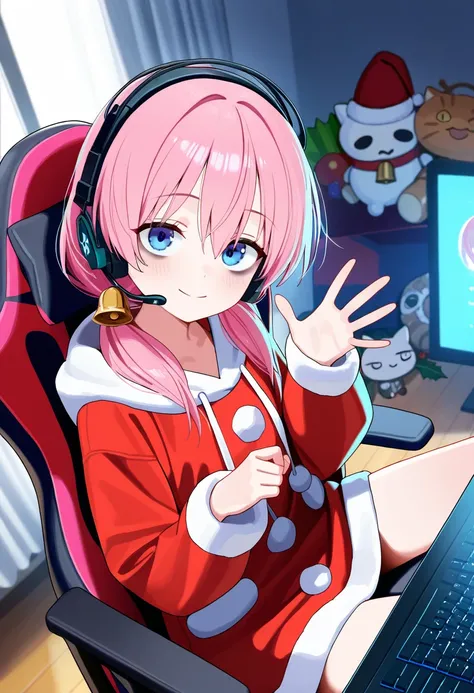 score_9,score_8_up,score_7_up,rating_safety,source_manga,masterpiece,best quality,hyper detailed,super fine illustration,8k,front angle,BREAK 1 girl,18yo,santa hut,headset,low twintail,pink hair,(blue eyes,bugs under eyes),smile,(flat chest:0.9),red jacket...