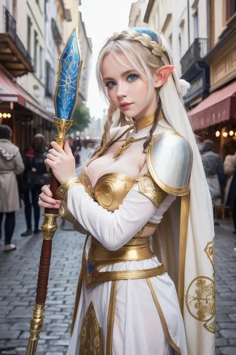 a sexy elf girl, white braid hair, bright blue eyes, plump lips, holding a magic staff in her hands, dressed in light beige armor with golden patterns, in the background a crowded street of a medieval city, the atmosphere of magic and magic, soft light, ma...