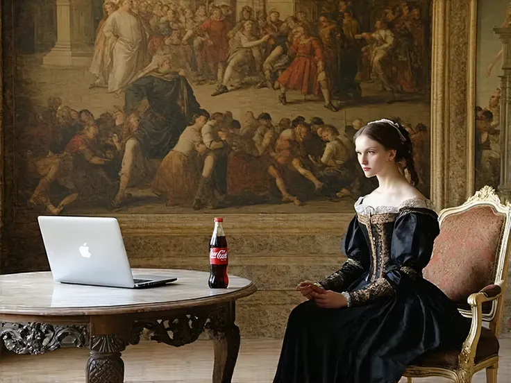 the picture shows a room furnished in the renaissance style, circa 1500s, with a large ornate wooden table on the left, a woman sitting on a chair on the right, and medieval-style paintings and period hangings on the walls. on the table is a macbook laptop...