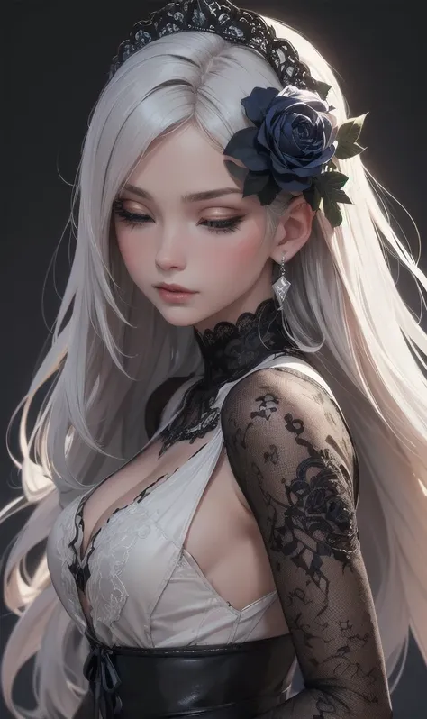 An elegant gothic-style girl with long silver hair and bangs covering her eyes, holding a bouquet of vivid blue roses. She is dressed in an intricate black and white lace outfit with detailed accessories, including black gloves and earrings. The mood is my...