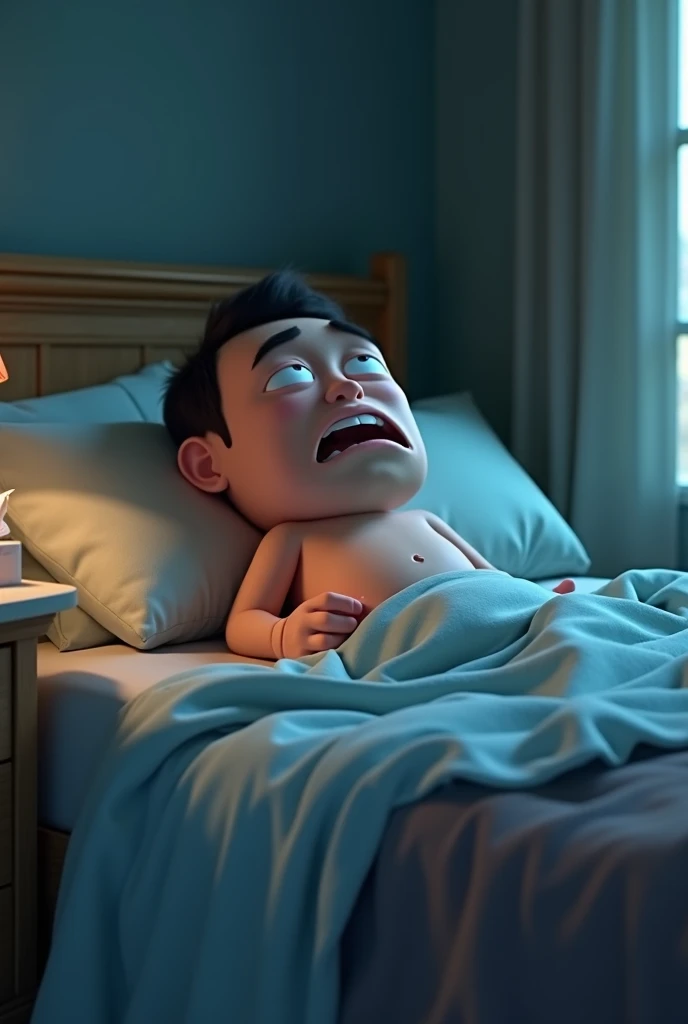 Sad male reproductive system in bed sick Pixar animated 