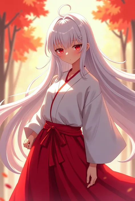 white long hair person fox red hakama red eyes bright atmosphere cartoon style