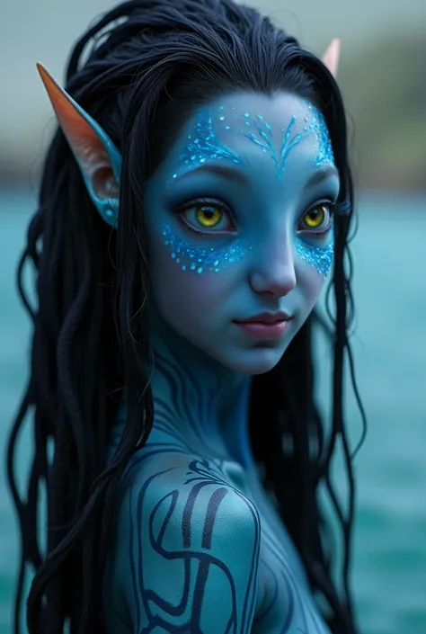 Nirialo is a stunning, water-born Navi, with skin that carries a turquoise, clear shade of blue, with darker stripes like a Navi. Her long, wavy hair is dark as the night sky, often swept back. Her eyes, a rich sea-yellow, are wide and expressive, reflecti...