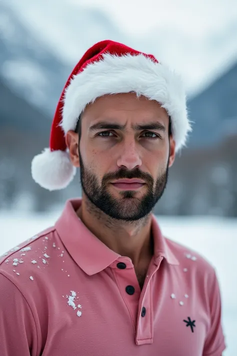 Generate hyperealistic photography on bulgarian guy, 26 years old with bald-head, short beard, Christmas hat, pink polo t-shirt winter Rila, Bulgaria 