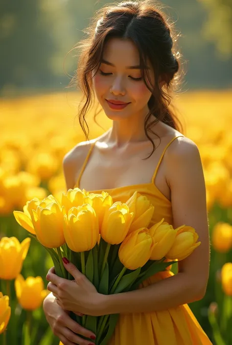 beautiful and young fst ,  girl collecting a bouquet of yellow tulips