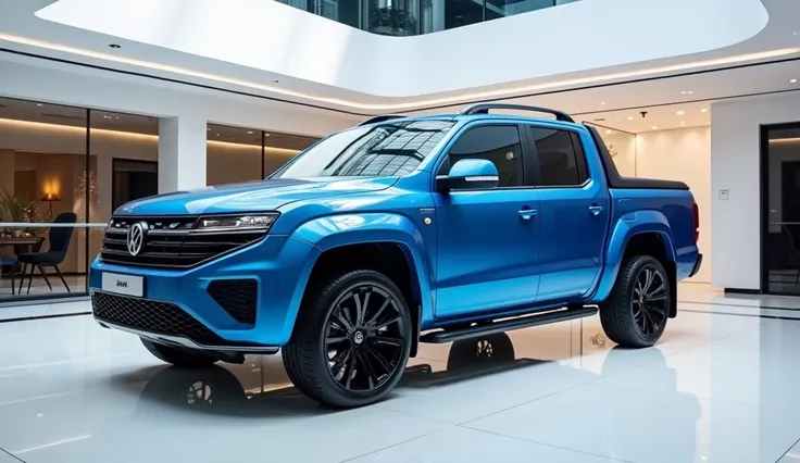 A luxurious 2025 Volkswagen Amarok with a sleek futuristic design, shown from the front left side view, in a modern, elegant showroom. The environment is brightly illuminated with white ambient lighting, polished floors, and refined interior décor. Replace...