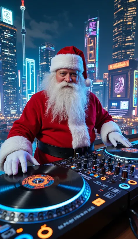 santa claus dj panoramic shot cyberpunk fron shot with vinyl turntables wide angle, so turntables can show completly