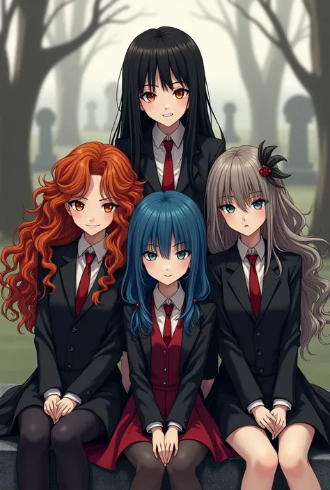  Make me a sketch of 5 ren who are vampires.  including 3 girls ,  and 2 boys .  girl 1 has long curly orange hair .  girls 2 long straight black hair .  girls 3 medium length brown hair ,  half straight half curly ,  tied in a braid . 
Boy 1: blue hair an...