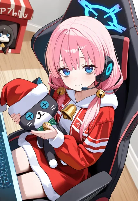 score_9,score_8_up,score_7_up,rating_safety,source_manga,masterpiece,best quality,hyper detailed,super fine illustration,8k,side angle,BREAK 1 girl,18yo,santa hut,headset,low twintail,pink hair,(blue eyes,bugs under eyes),smile,(flat chest:0.9),red jacket,...