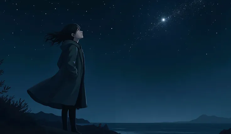 "Medium Shot of a man or woman standing on a hilltop or by the sea at night. The character looks up at a sky full of stars. The atmosphere is calm, the dark sky sparkles with stars. The character is wearing a coat or dress that blows gently in the wind. Hi...