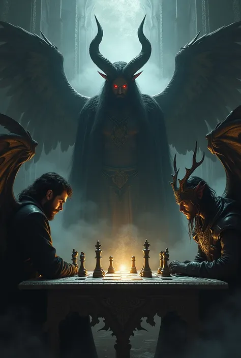 Evil God playing chess with Lucifer The Archangel and his rebellious son