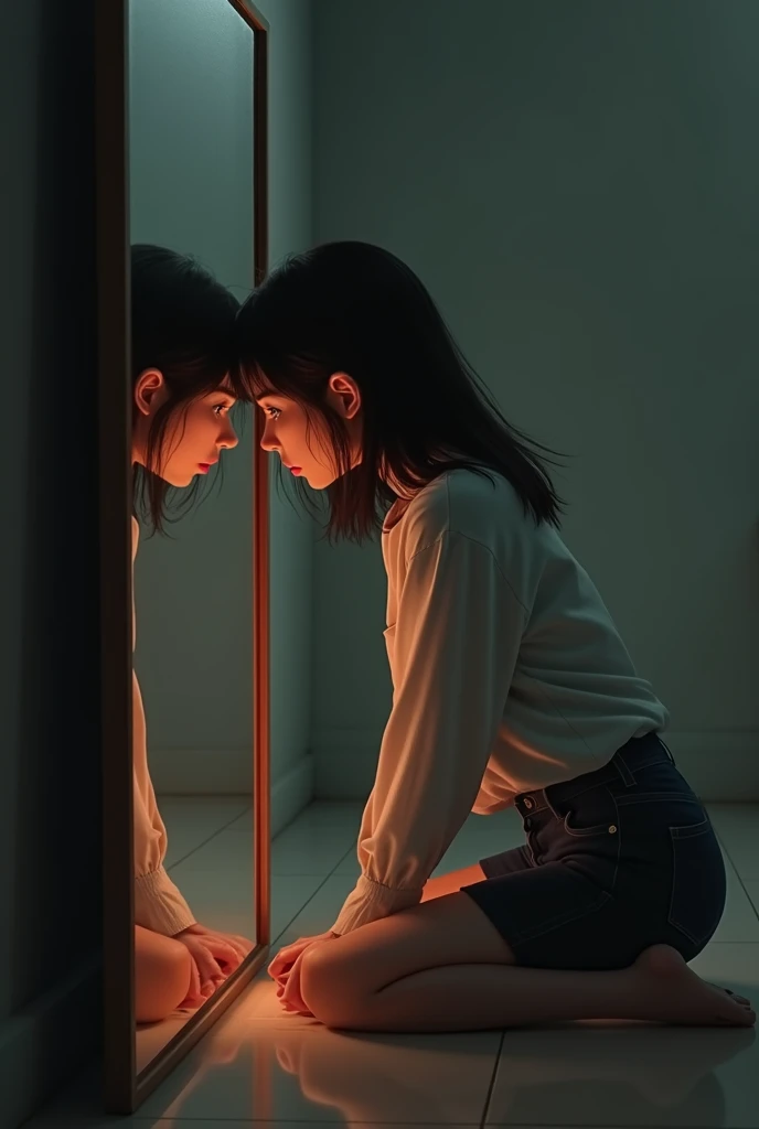 A 22-YEAR-OLD GIRL IN FRONT OF A MIRROR ON HER KNEES LEANING TOWARDS THE MIRROR