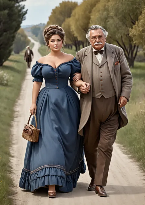 Full body shot of Anastasia Kvitko as a  plump voluptuous buxom pretty 1880 western frontier farmwife widow walking hand in hand down a parkway with an elderly gentleman, updo hairstyle , brown hair, coloured drawing, style reminiscent of Paolo Eleuteri Se...