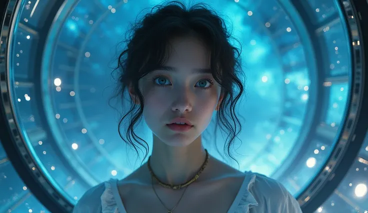 Real photo, a frontal portrait of a 16-year-old beautiful japanese actress, blue eyes,  curly hair,  facing the camera, wearing stylish summer street wear,  stood in a fully transparent glass spaceship, with a gorgeous universe in the background, the Milky...