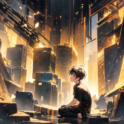 structure of a boy surrounded by numerous computer screens, 8k, high-detailed, masterpiece, sitting cross-legged on the floor, Empty eyes, ((side view: 1.3)), In the Room at the night