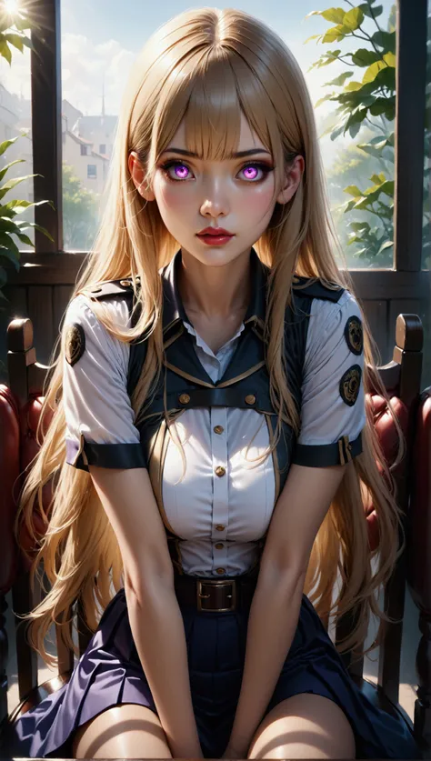 (masterpiece, aesthetic, detailed eyes, realistic), 1girl, mahiru shiina, angel next door spoils me rotten, Long smooth straight golden hair, purple to golden gradient eyes, sitting on chair in uniform, super detail, best quality, 8k