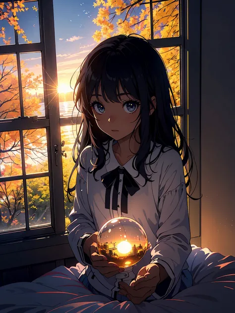 coucher de soleil, profondeur de champ、détails haute résolution, ultra-détaillé、tournage、Surréalisme、lumière douce et volumétrique、(1 fille noire à la peau foncée et aux yeux marrons réalistes ) 、ray tracing、diffus (Glass Reflection)、Surréalisme,(assis sur...