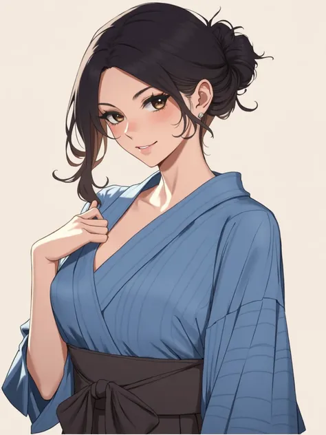 A woman, wearing a tied bun, a traditional low-cut yukata, has a flirtatious and seductive expression, she is 36 years old and mature, with dark brown hair and brown eyes.