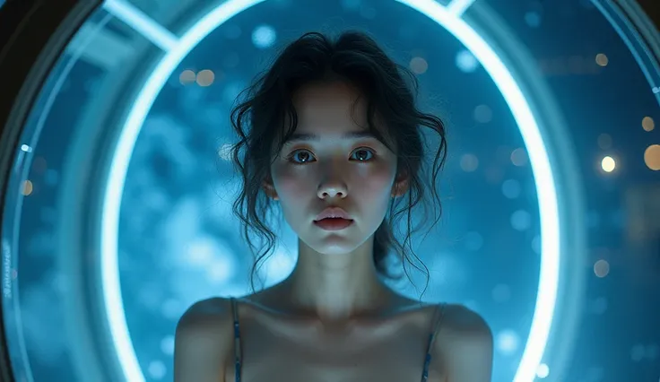 Real photo, a frontal portrait of a 16-year-old beautiful korean actress, blue eyes,  curly hair,  facing the camera, naked shoulder, stood in a fully transparent glass spaceship, with a gorgeous universe in the background, the Milky Way and floating stard...