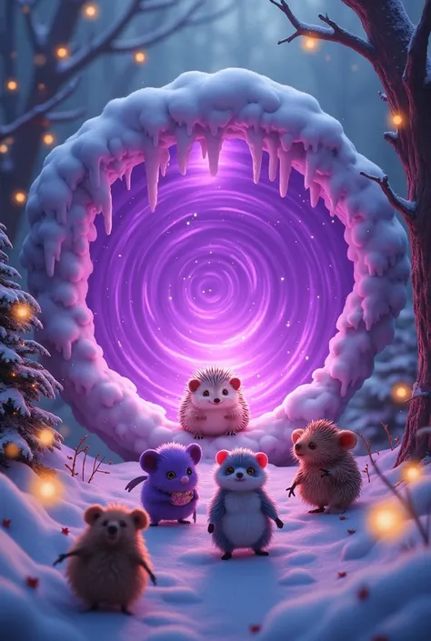 generate purple hedgehog, purple quokka, purple chog, purple mosquito, and purple fish, are entering a purple portal, with a winter and Christmas tree theme.