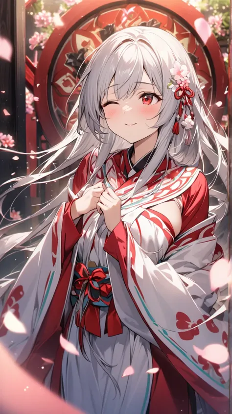 ( top quality, ),  beautiful women (Red eyes), elements. well-groomed face 、 Shy Expression 、 Silver Hair、 red eyes、smile(one eye closed、Looking up)、              Ultra Fine            ,  A Girl in a Glittering Shrine Maiden、 Surrounded by beautiful petals...