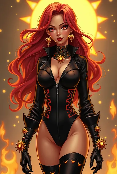 Mavuika is a tall woman with light skin and red eyes with yellow sun-shaped forms around her reddish-yellow pupils. She has red, knee-long, wavy hair with yellow undersides which resemble flames. It parts symmetrically.

She wears a black biker bodysuit wi...