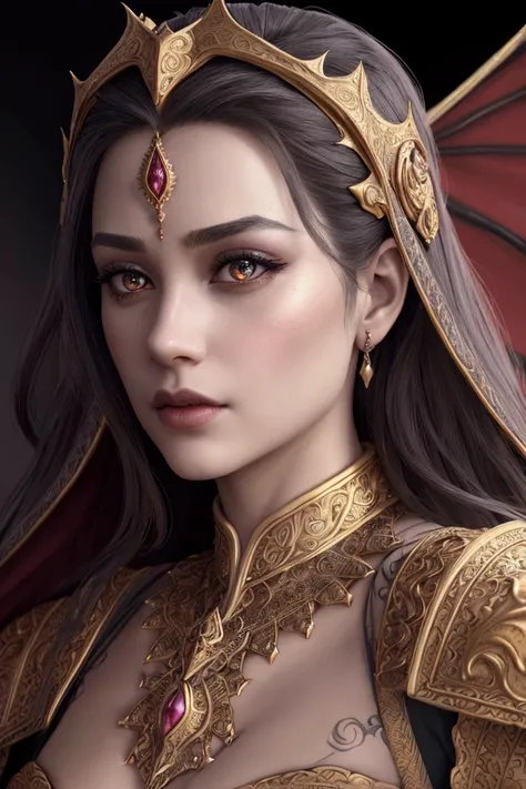 a majestic dragon queen, beautiful detailed eyes, beautiful detailed lips, extremely detailed face and features, long eyelashes, regal and powerful pose, ornate dragon-themed armor, flowing crimson cape, intricate scale patterns, glowing magical aura, dram...