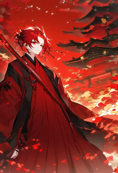 Male + red hair + red eyes + red, white, and black haori and kimono + hakama + solo + good looking + sleeper build + traditional temple themed background