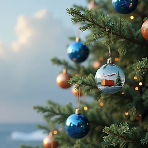 Christmas tree with orange ornaments ,  with an orange cargo container inside a Christmas ball and plane inside a Christmas ball,  realistic 